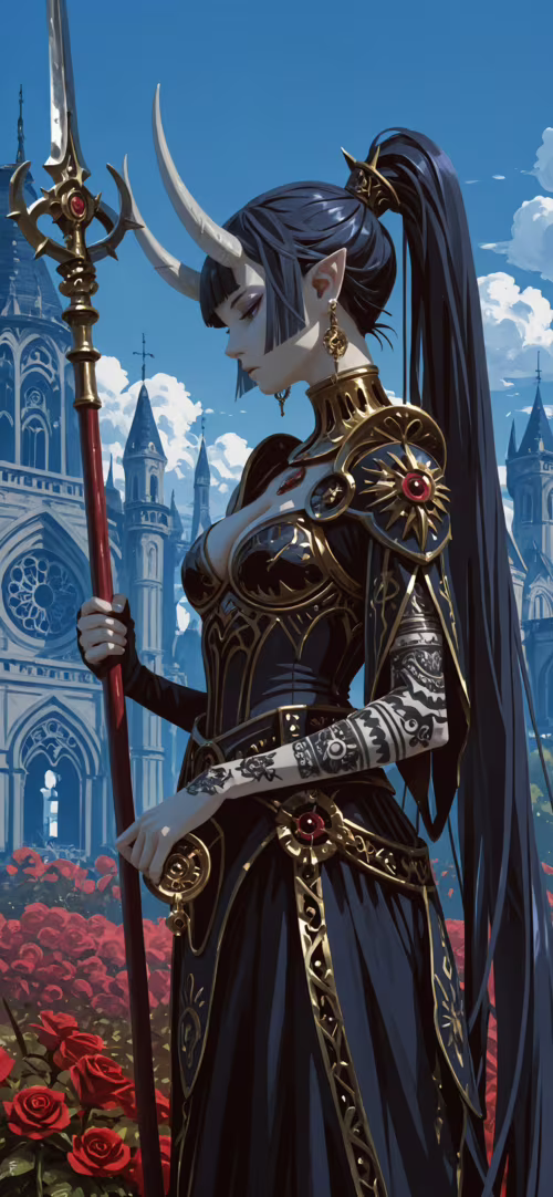 An illustration of a woman with white horns and elf ears, wearing ornate black and... Apple iPhone 14 Plus free hd wallpapers