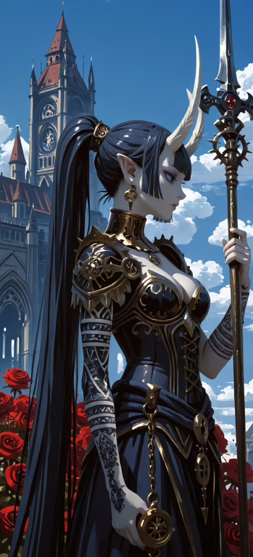 An illustration of a woman with white horns and elf ears, wearing ornate black and... Huawei P40 Pro plus mobile wallpaper