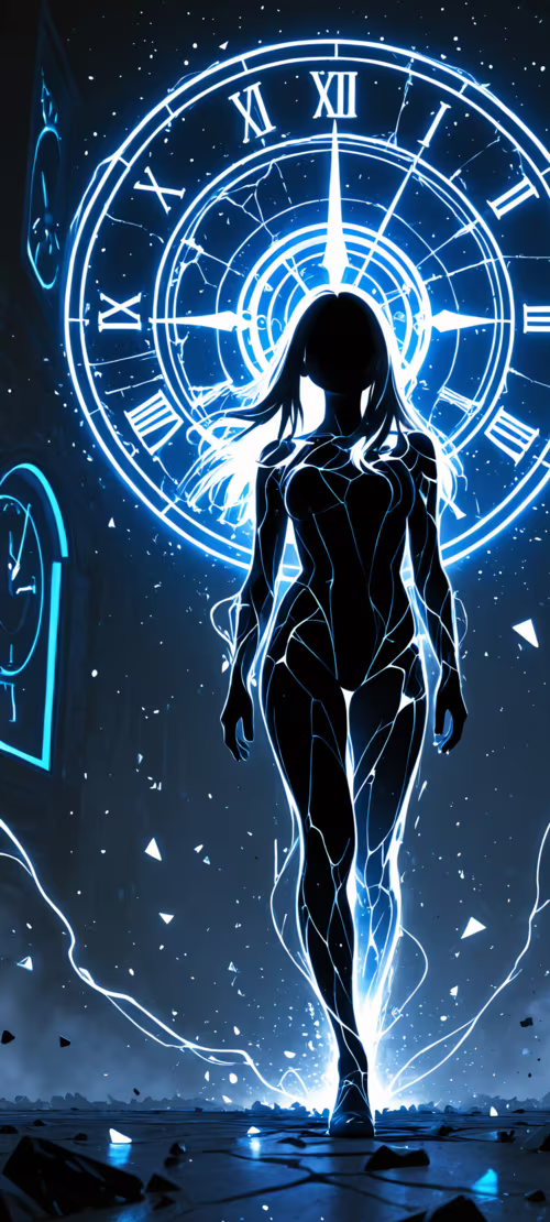 A silhouette of a woman in a long dress stands before a giant, glowing golden clock... TCL 20L plus high definition wallpaper