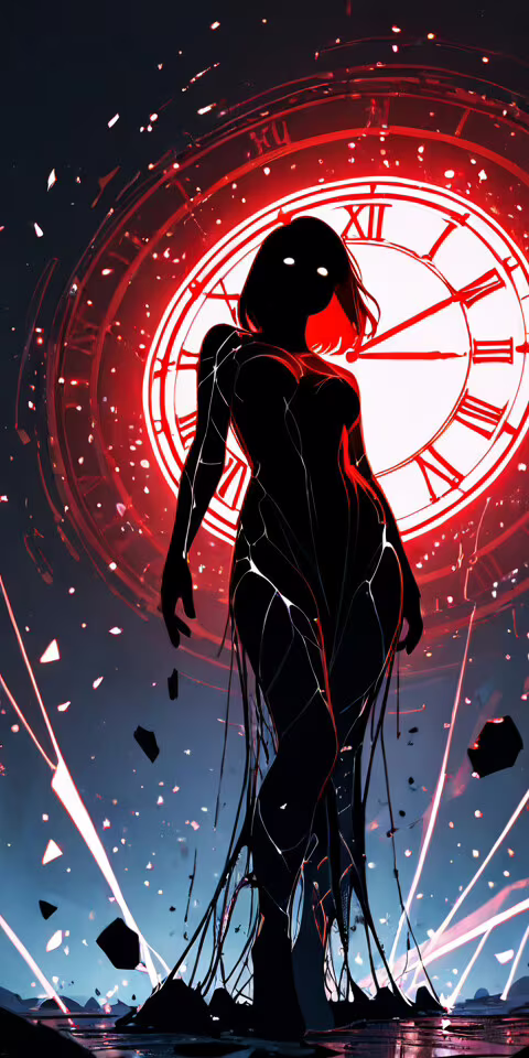 A silhouette of a woman in a long dress stands before a giant, glowing golden clock... Nokia C1 background images hd