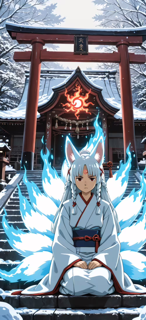 A young anime-style girl with white fox ears and nine white tails, dressed in a white...