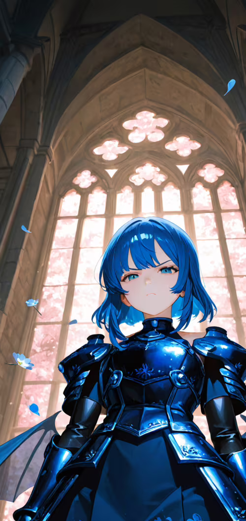 A low-angle close-up of a fantasy anime warrior with short blue hair and green eyes.... Oppo A12e download free phone wallpaper