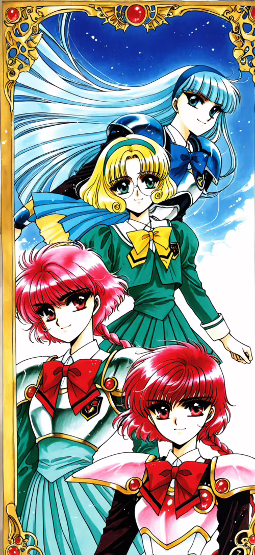 Full-body illustration of Hikaru Shidou, Umi Ryuuzaki, and Fuu Hououji from Magic... Apple iPhone 14 Plus wallpapers for android