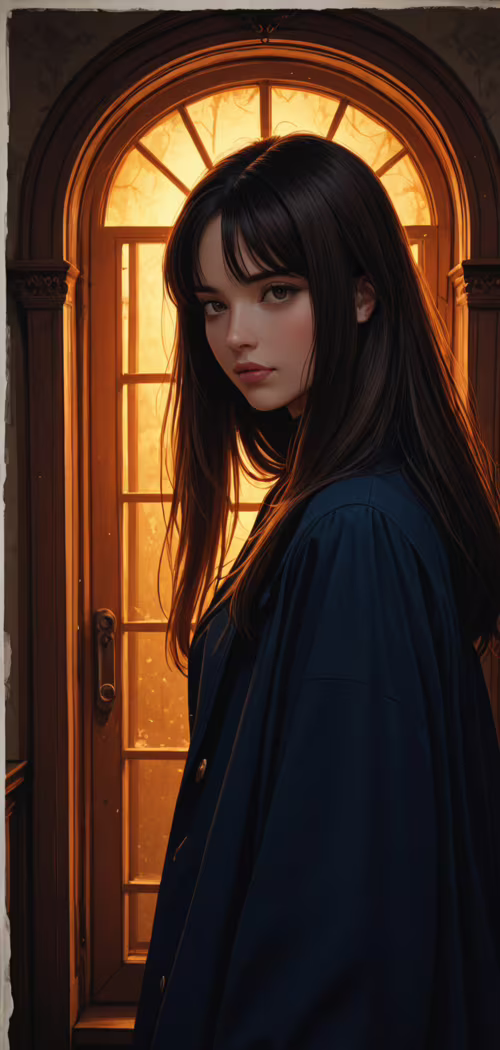 A digital portrait of a young woman with long dark hair and glowing amber eyes, wearing... Blackview A30 wallpapers for android