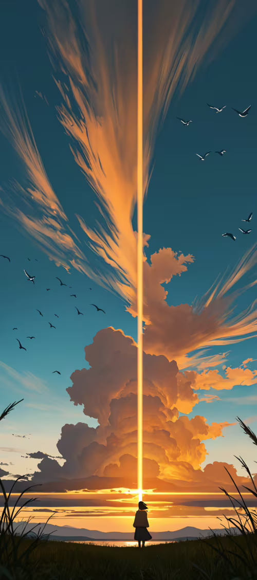 An anime-style illustration of a young girl standing on a grassy hill, looking out... Infinix Zero 40 wallpaper images