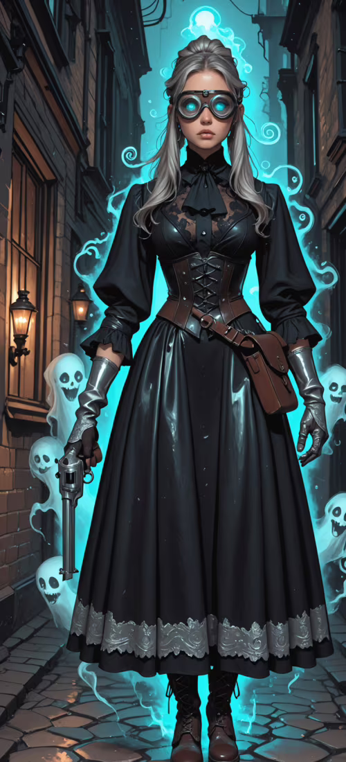 A full-body illustration of a woman in steampunk Victorian attire standing in a cobblestone... OnePlus 12R download free phone wallpaper