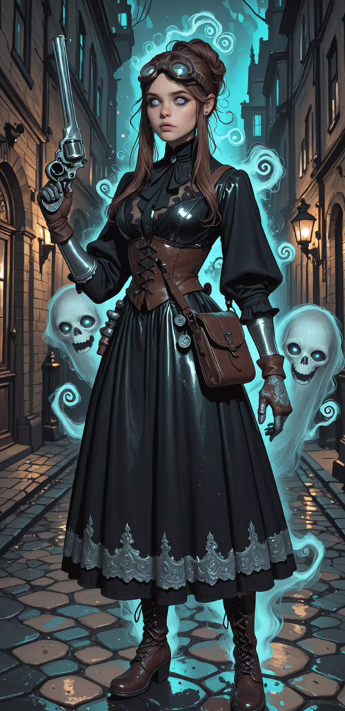 A full-body illustration of a woman in steampunk Victorian attire standing in a cobblestone...