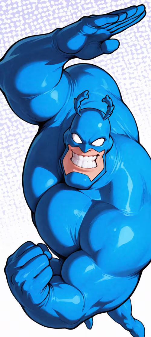 A full-body illustration of the superhero The Tick. He is a very muscular man in... Honor 200 free hd wallpapers