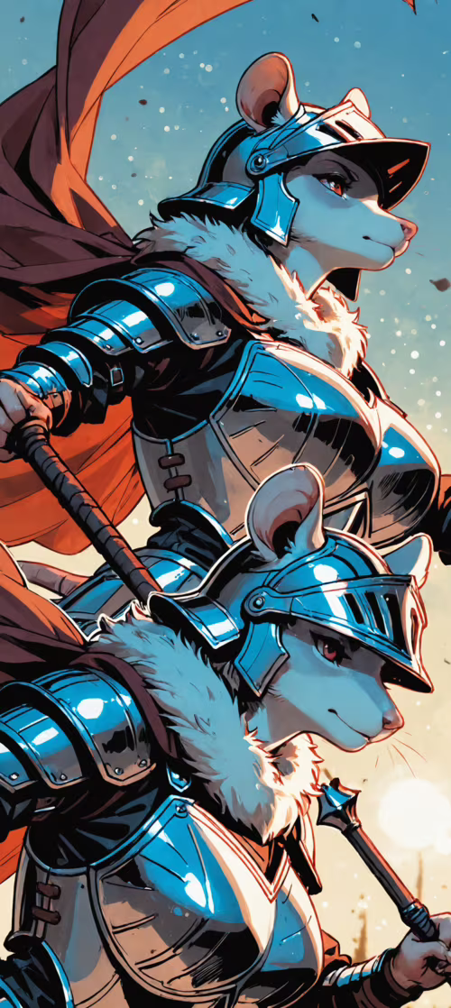 A digital illustration of a female anthropomorphic mouse warrior in full plate armor... Redmi Note 13 Pro plus mobile wallpaper