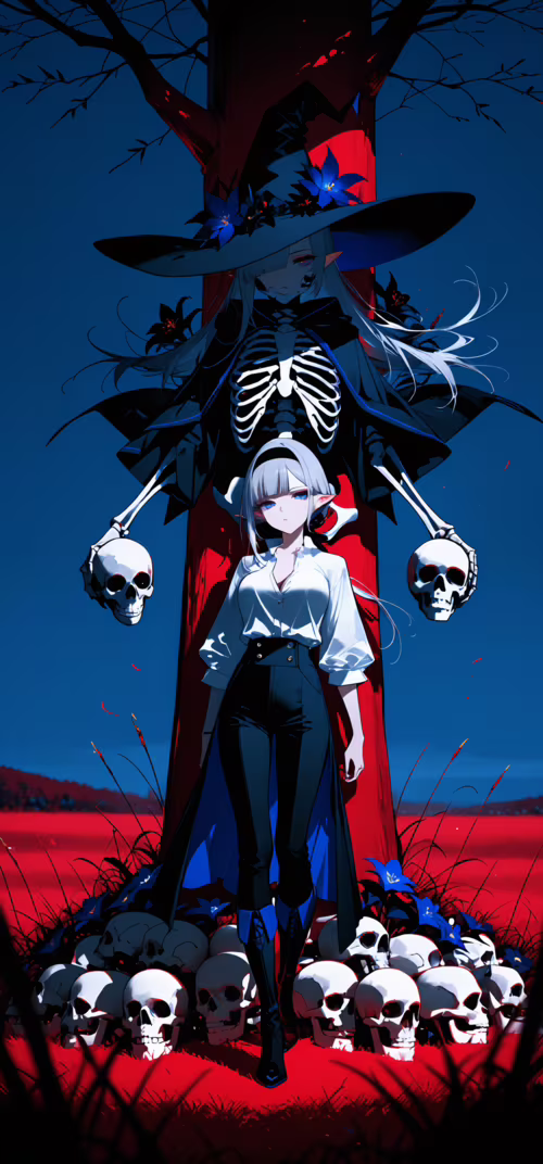 An anime-style illustration of a silver-haired witch in a large hat holding a skull....