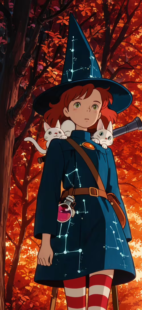 An anime-style illustration of a young witch with red hair and a blue hat standing... Blackview A30 download free phone wallpaper