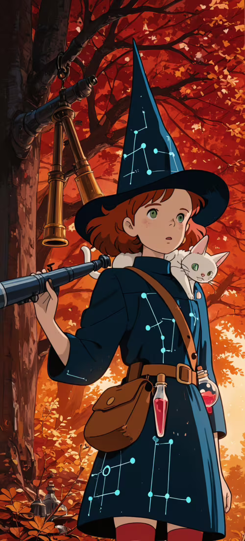 An anime-style illustration of a young witch with red hair and a blue hat standing...