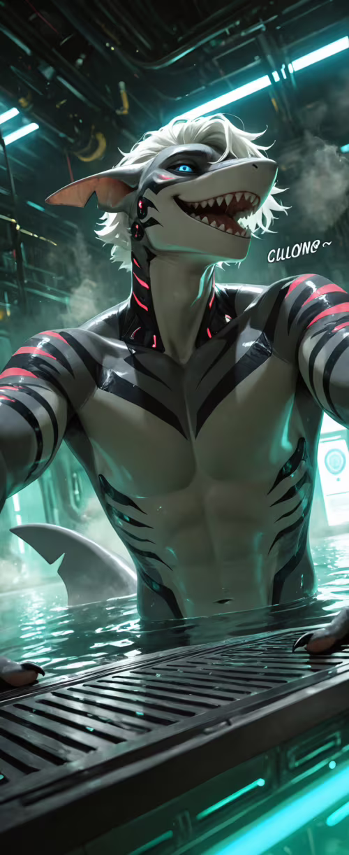 An illustration of the anthropomorphic Tiger Shark from the game 'Changed', a muscular... Samsung Galaxy Z Flip6 wallpaper photo gallery download