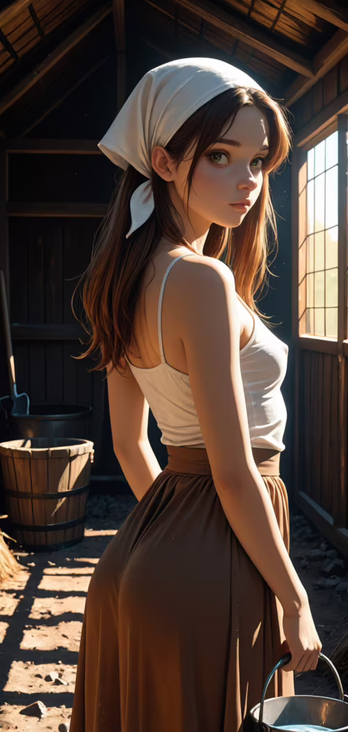 A young woman with brown hair and a white headscarf stands in a dark wooden barn,... Cubot Max 2 wallpaper