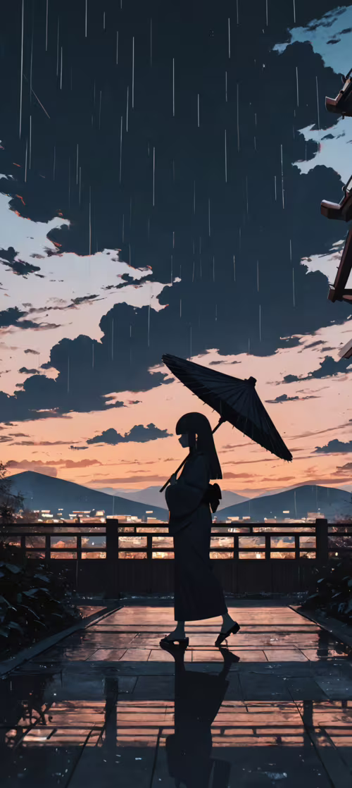 An anime-style illustration of a woman in a dark kimono holding a red and black umbrella,... Honor 200 Pro free background