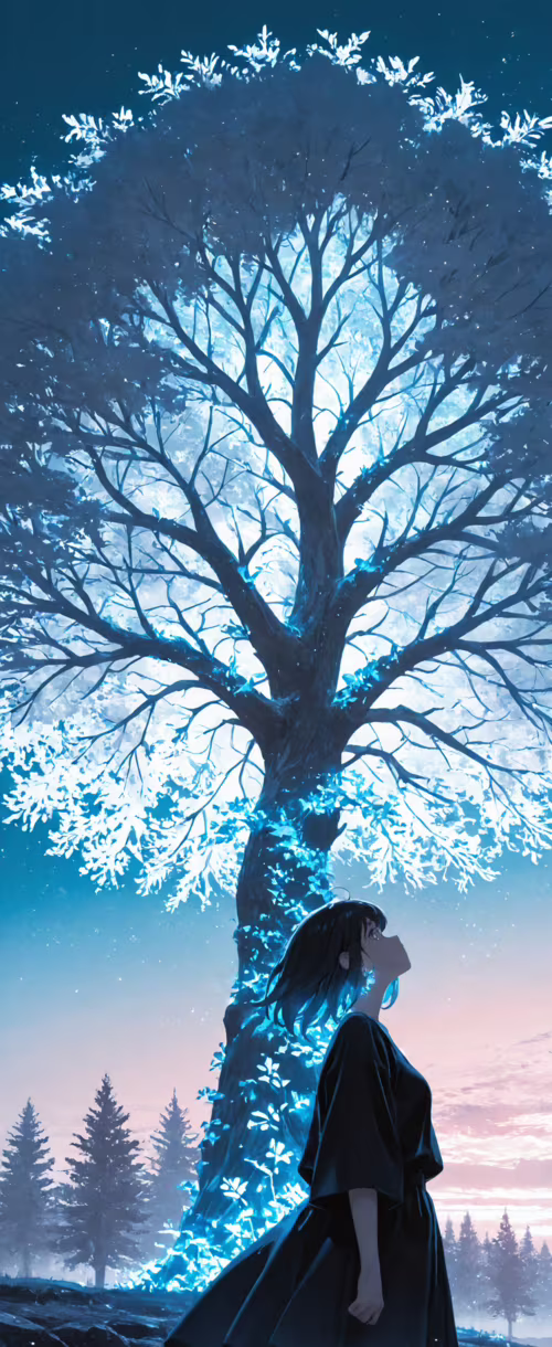 An anime-style illustration of a young woman with dark hair in a black cloak looking... Samsung Galaxy Z Flip wallpaper photo gallery download