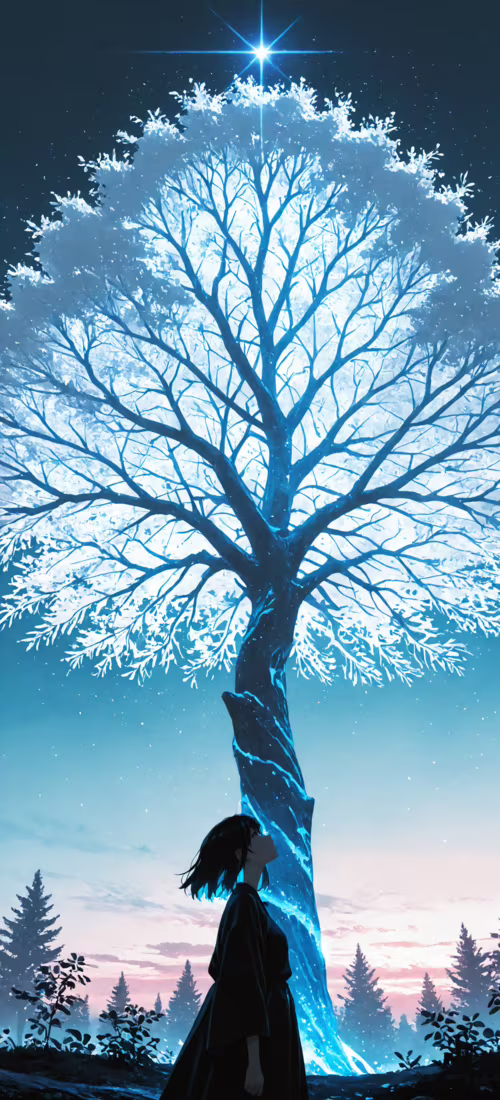 An anime-style illustration of a young woman with dark hair in a black cloak looking...