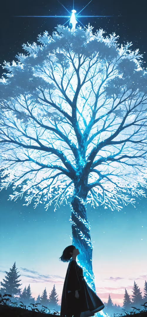 An anime-style illustration of a young woman with dark hair in a black cloak looking...