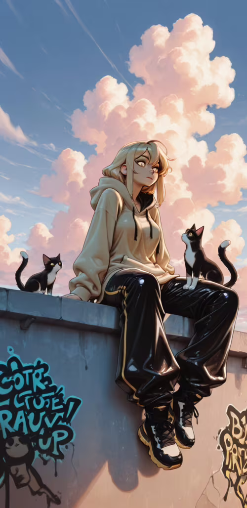 A young woman with blonde hair in a hoodie and a black cat sit together on a graffiti-covered... Samsung Galaxy A01 Core download free wallpaper for phone
