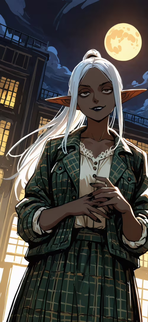 A digital illustration of a dark-skinned elf woman with white hair in a ponytail,... Apple iPhone 16 free background