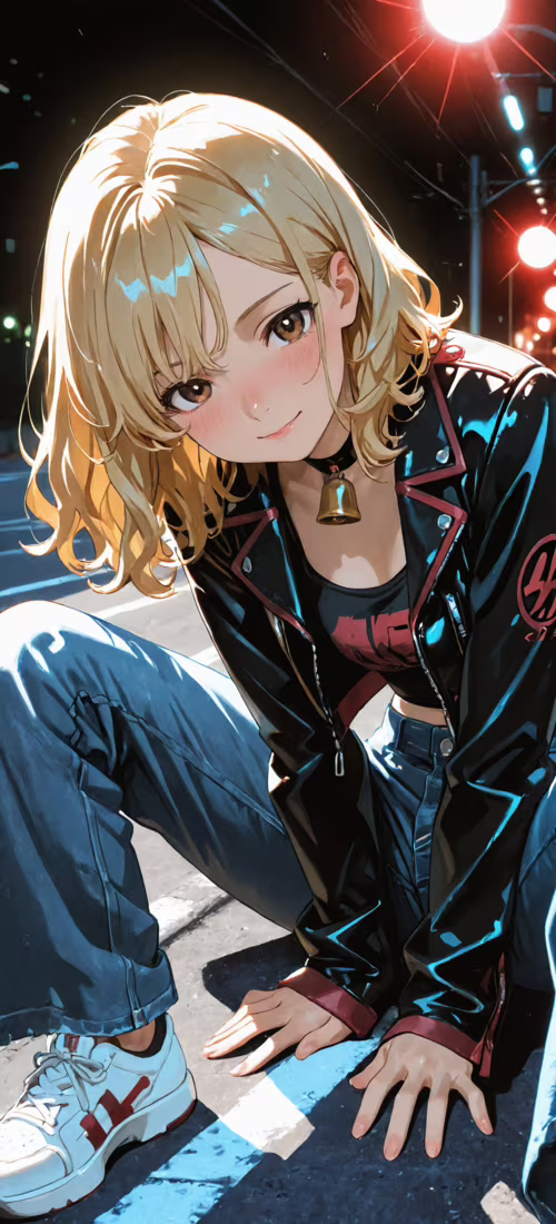 A stylish anime girl with blonde hair and a black leather jacket sitting in the middle... Vivo X51 5G wallpapers for android