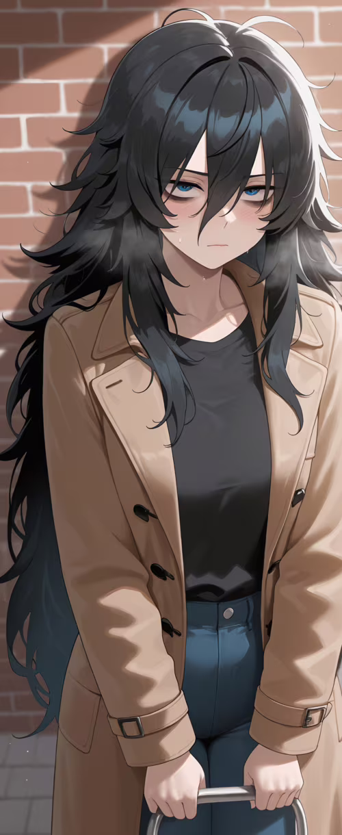 An anime-style girl with long, messy black hair and tired blue eyes stands against... Samsung Galaxy Z Flip cell phone backgrounds free