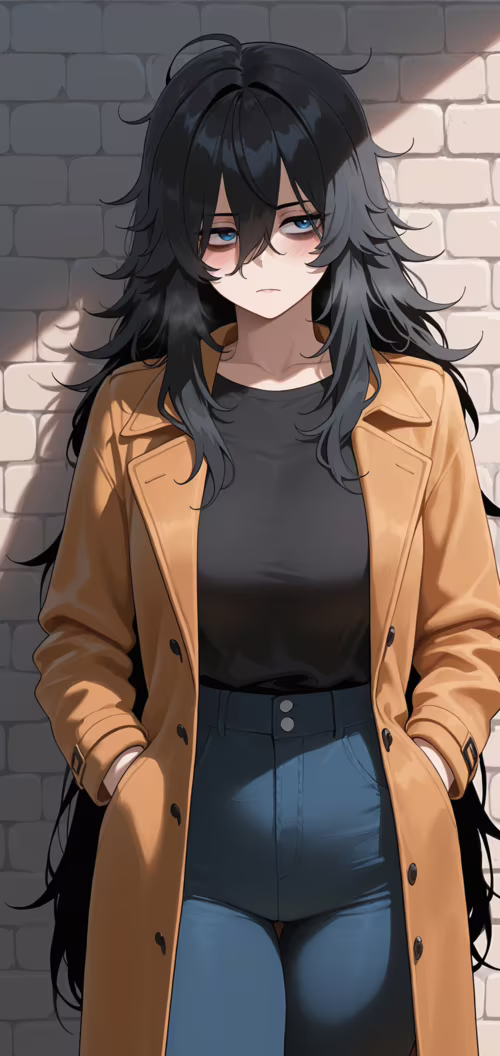 An anime-style girl with long, messy black hair and tired blue eyes stands against... Nokia 6 dot 2 wallpaper