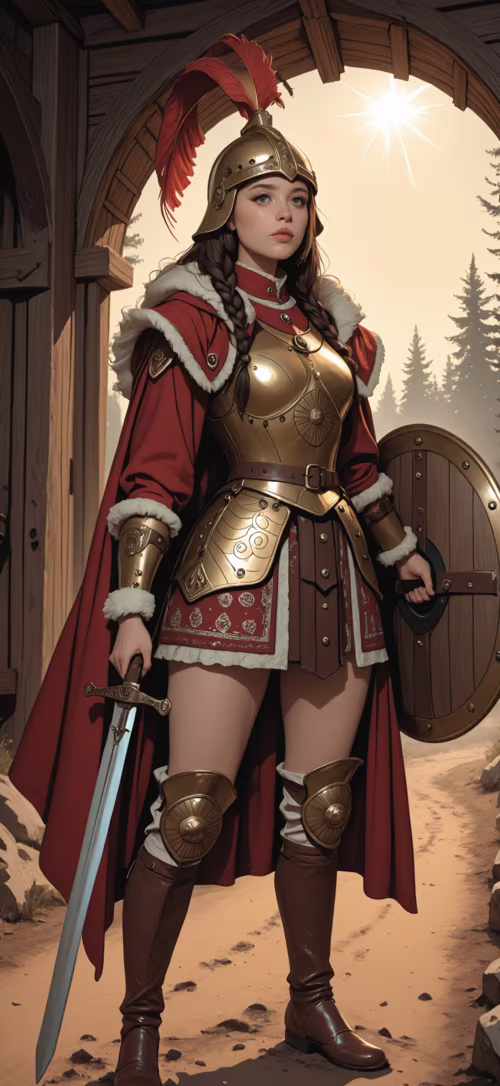 A full-body portrait of a female warrior in golden Roman-style armor and a red cape,...