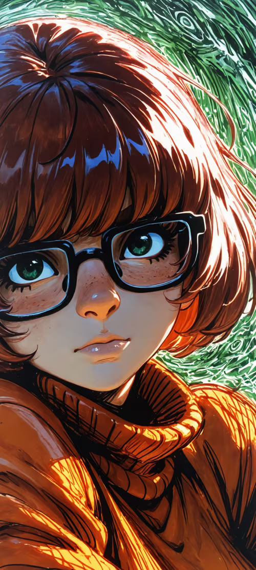 A close-up, comic-style illustration of Velma from Scooby-Doo. The focus is on her... Honor 200 lock screen wallpaper