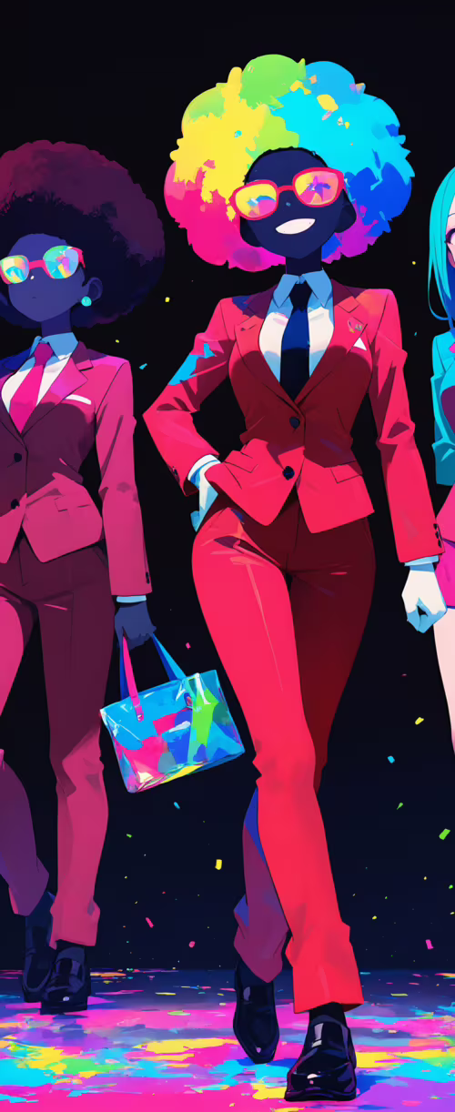 An anime-style woman with a giant, multicolored afro and wide blue eyes, wearing... Tecno Phantom V Flip2 hand phone wallpaper