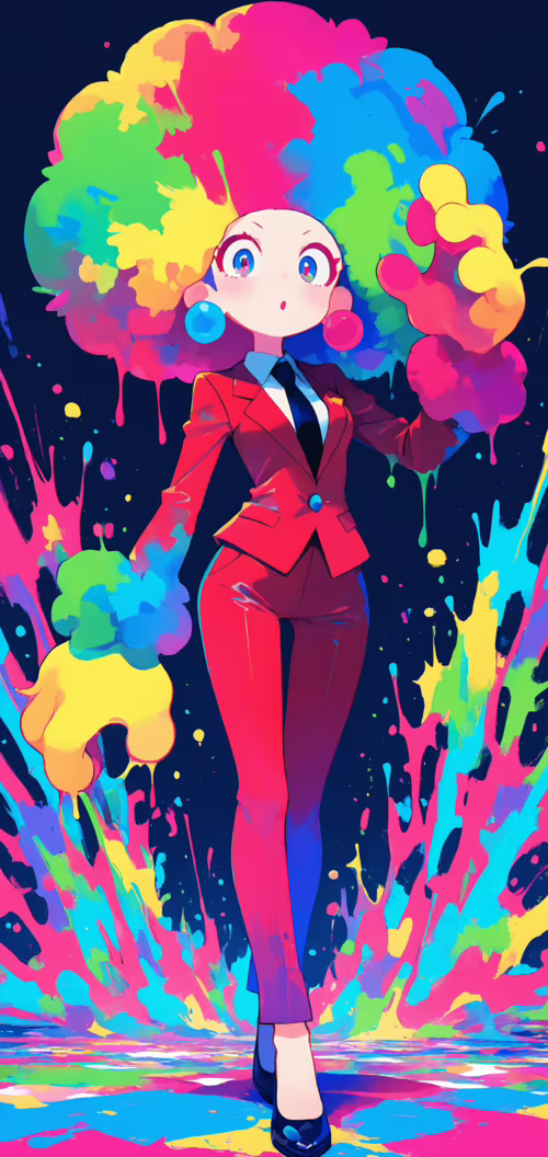 An anime-style woman with a giant, multicolored afro and wide blue eyes, wearing...