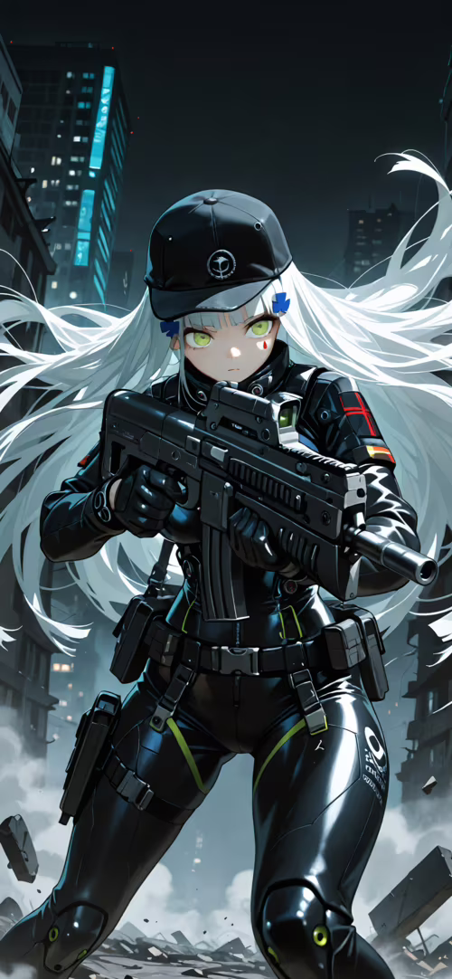 An anime character, HK416 from Girls' Frontline, with long white hair and green eyes,... Apple iPhone 14 Plus wallpaper images