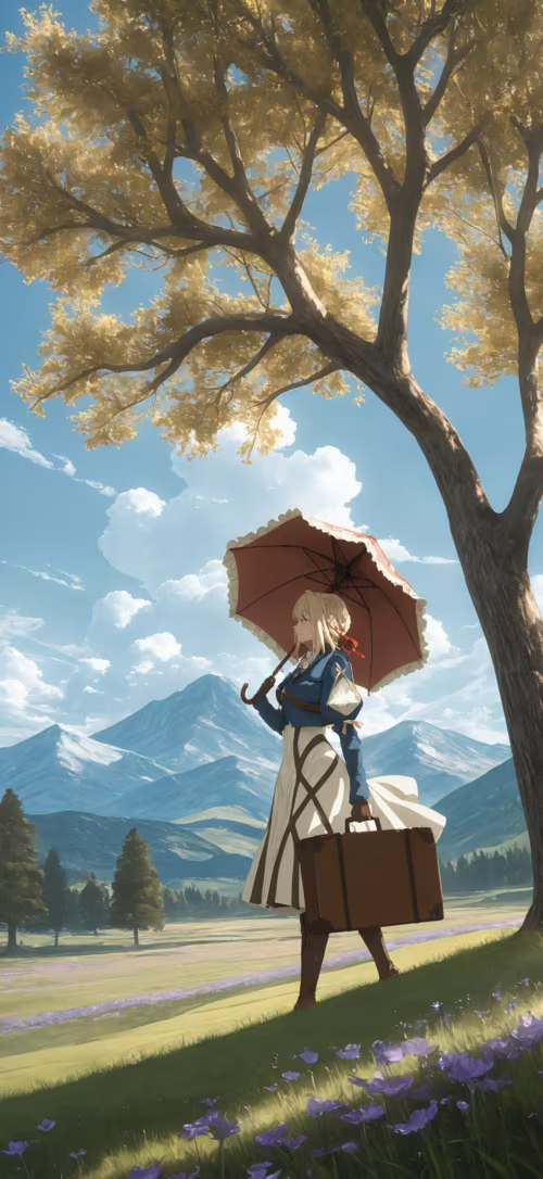 Violet Evergarden, a young woman with blonde hair, stands in a field of purple flowers... Honor 70 Pro plus free hd wallpapers
