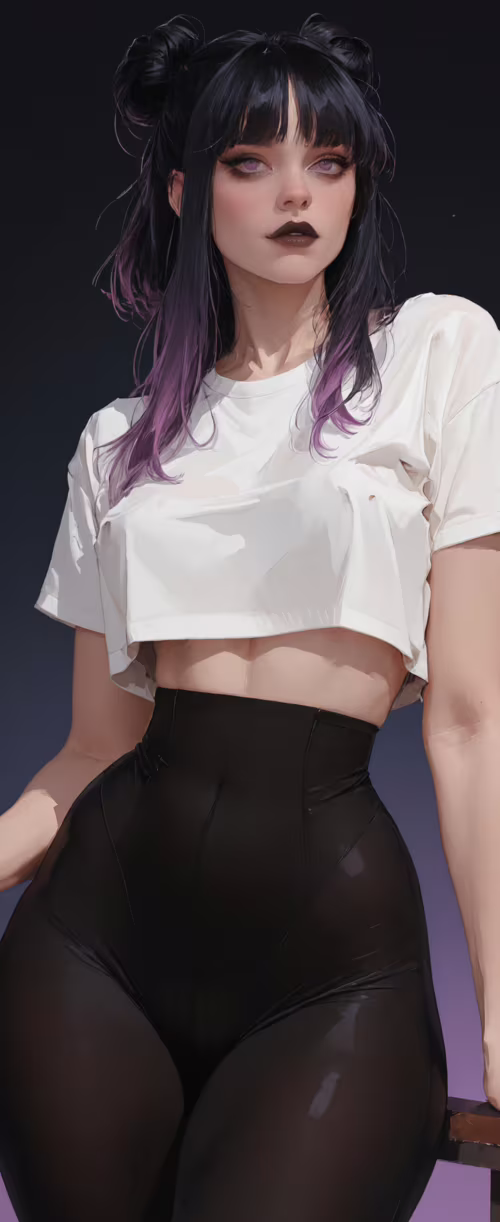 A digital illustration of a woman with black and purple hair and purple eyes. She... Samsung Galaxy Z Flip6 pictures for wallpaper