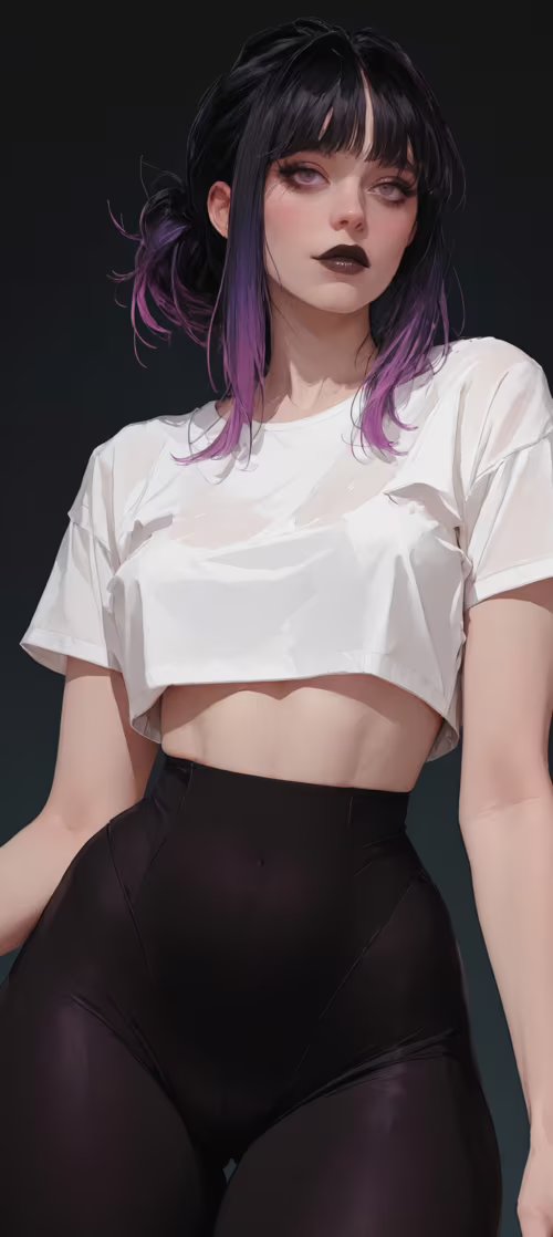 A digital illustration of a woman with black and purple hair and purple eyes. She... Honor 200 Pro mobile wallpaper