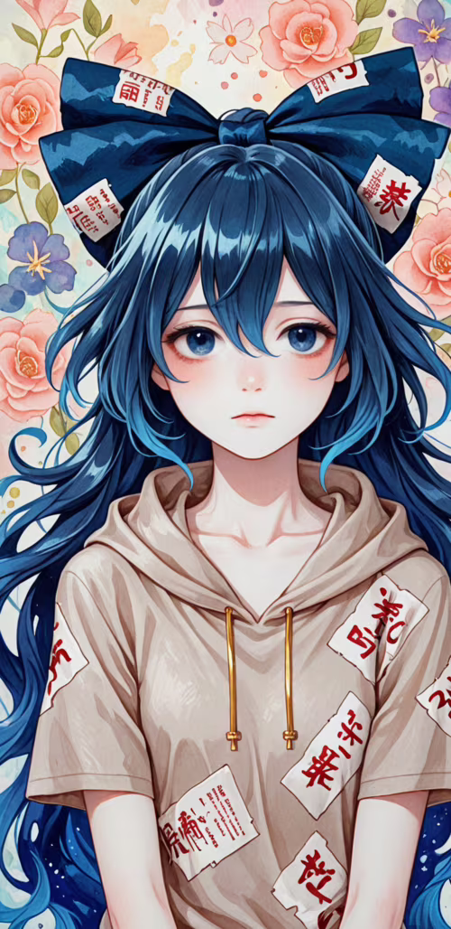 An anime-style illustration of Yorigami Shion, a girl with long, vibrant blue hair... Samsung Galaxy J4 Core hand phone wallpaper