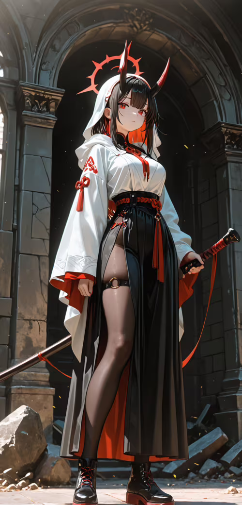 A full-body illustration of an anime girl with short white hair and red eyes, wearing... Doogee Y7 Plus free hd wallpapers