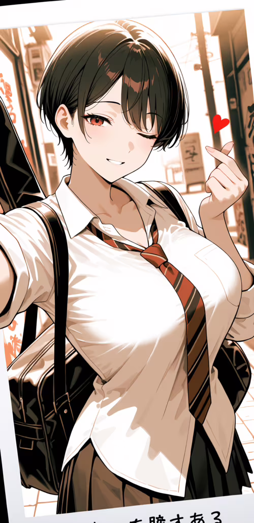 An anime schoolgirl with short black hair and red eyes winking and making a finger...