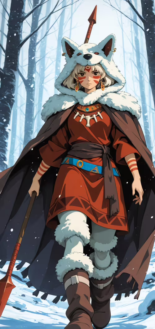 A full-body illustration of a young female warrior in a snowy forest. She has light... Blackview BV5900 free background