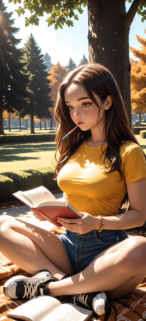 A young woman with long brown hair sitting cross-legged on a blanket in a park, reading... free wallpaper