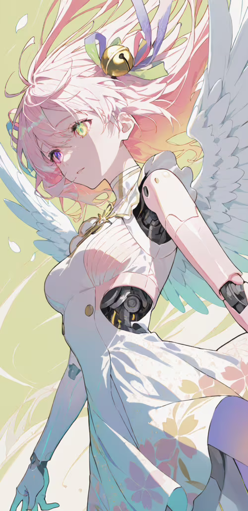 An ethereal angel girl with pink and lavender hair, feathered wings, and floral accents,...