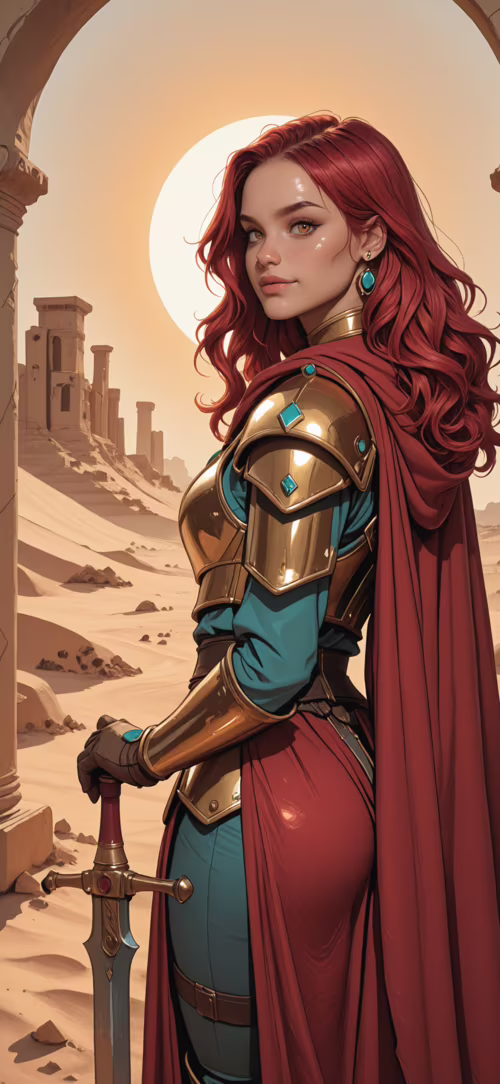 A female warrior with long red hair and golden armor holding a sword. She stands... Tecno Phantom X wallpaper download