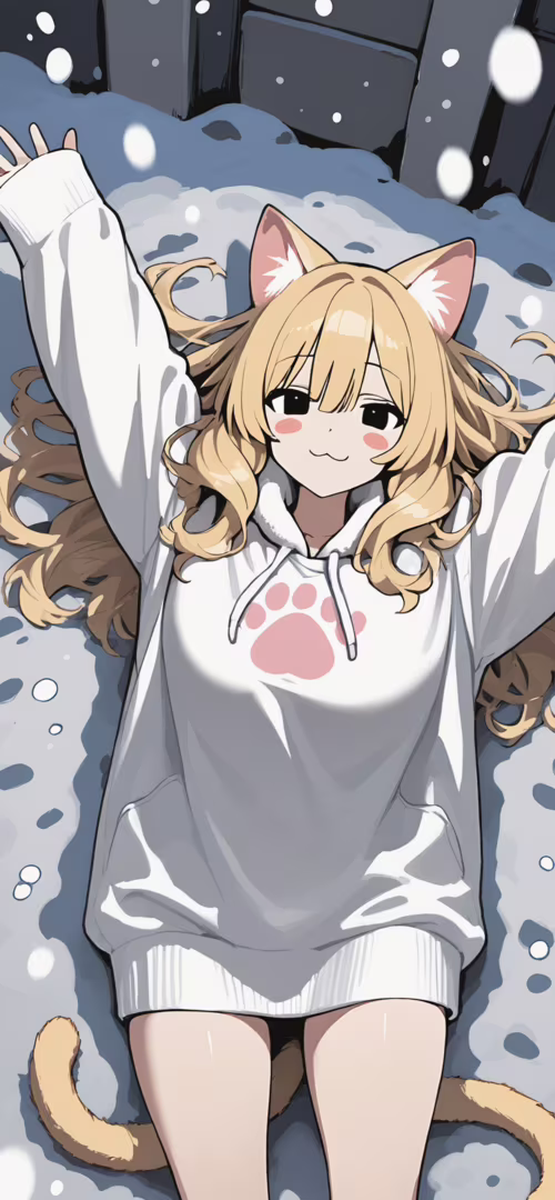 A blonde cat girl with cat ears and a white hoodie lying on her back in the falling... Tecno Phantom X pictures for wallpaper