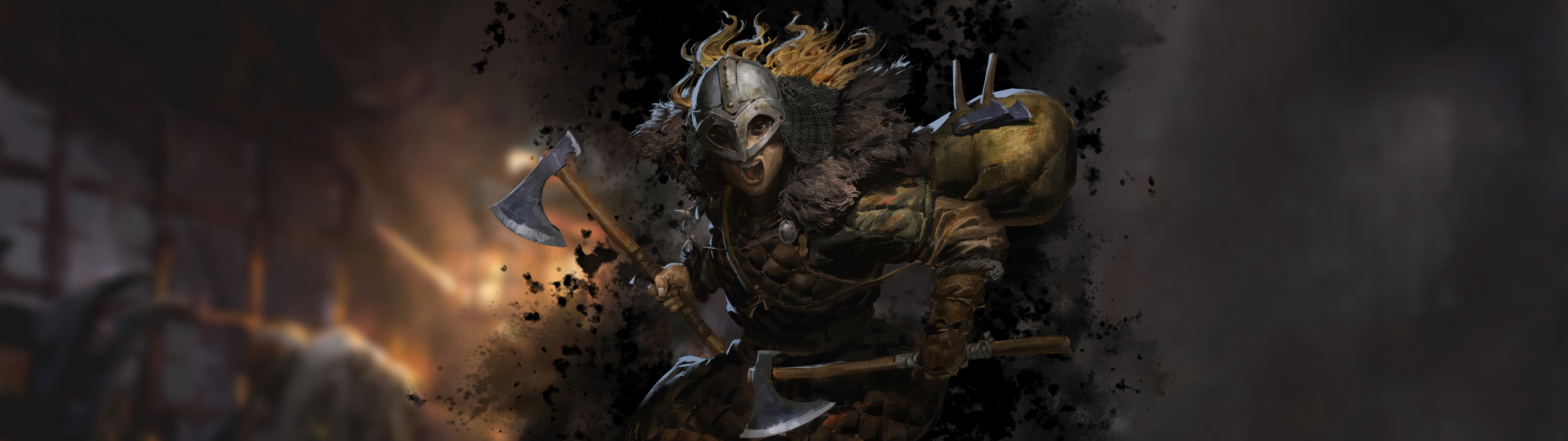 A gritty Barbarian warrior from the video game Dark and Darker, wearing heavy medieval armor and prepared for combat.