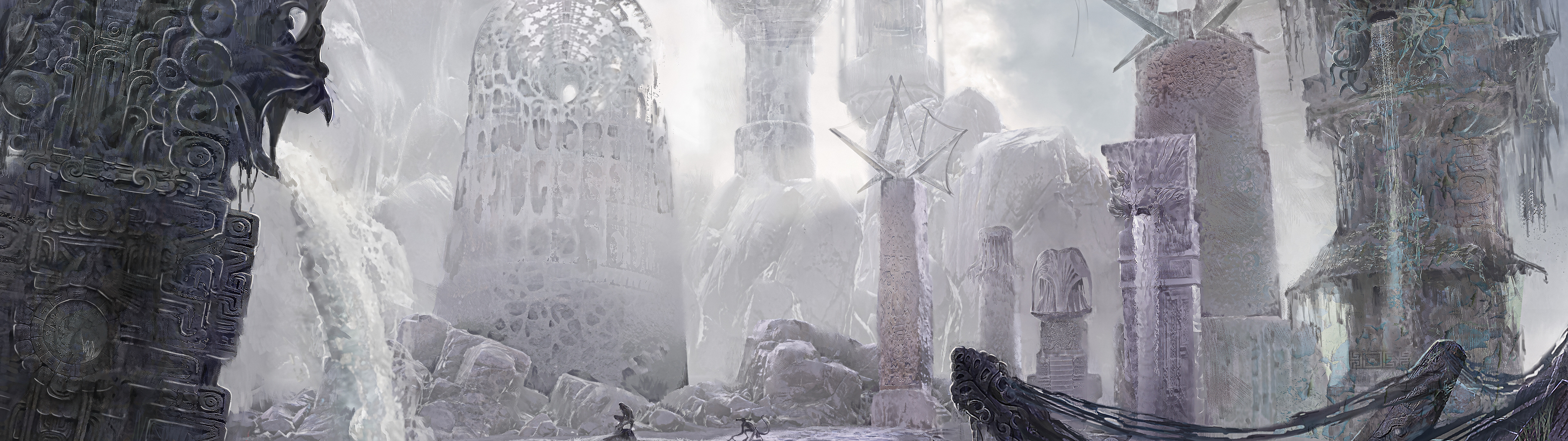 A detective standing amidst decaying, eldritch ruins under an ominous sky, inspired by the atmosphere of Sherlock Holmes: The Alwaken.