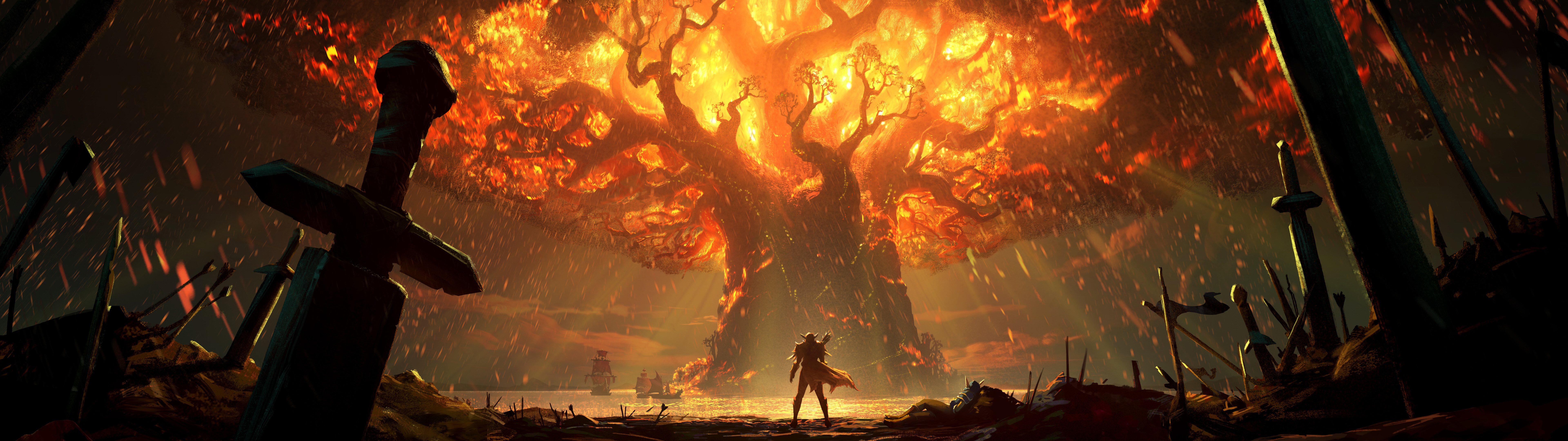 A warrior wielding a flaming sword standing between burning ancient trees in a dark, fiery landscape.