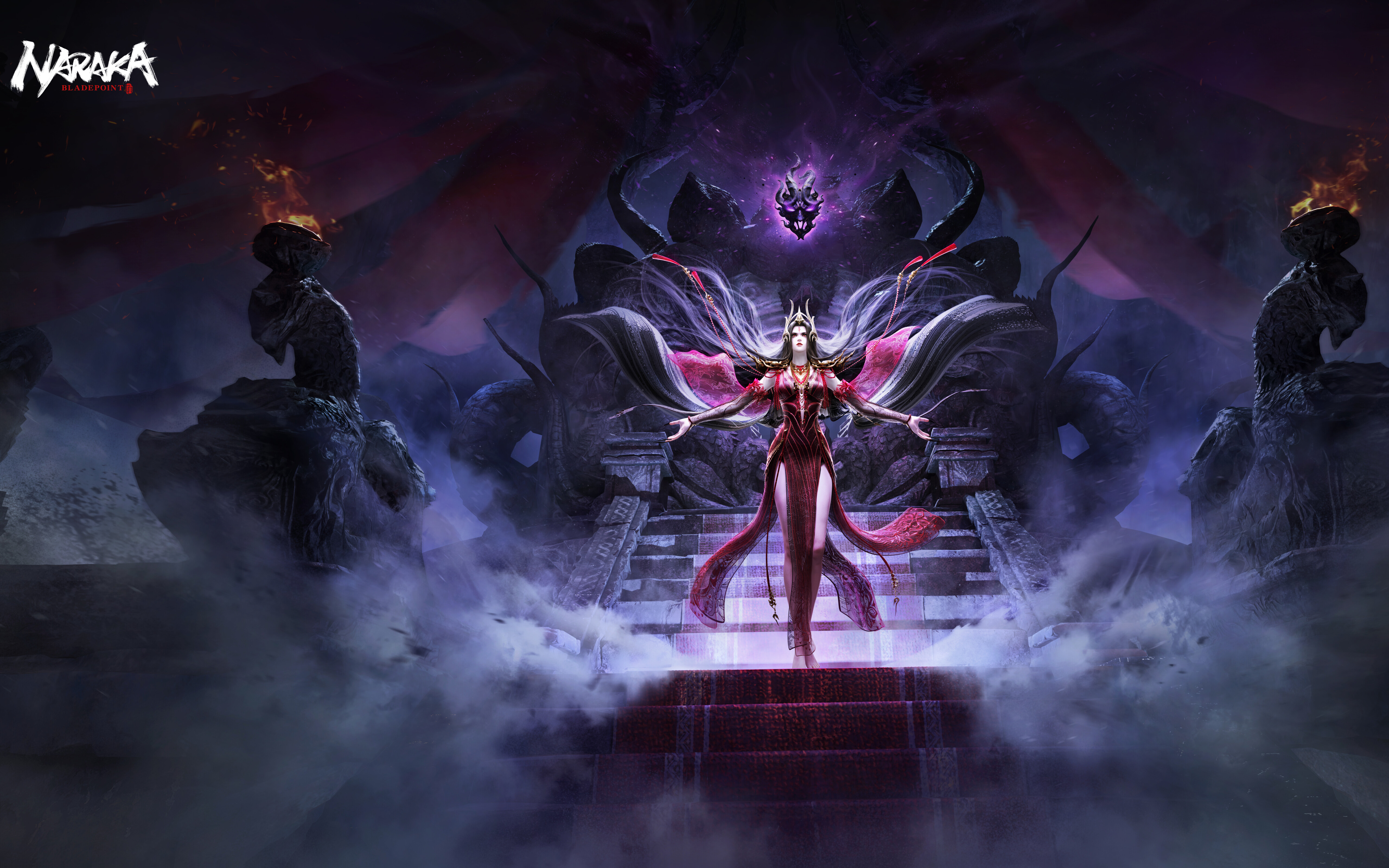 A mysterious witch character inspired by the Naraka: Bladepoint video game, featuring dark fantasy aesthetics and mystical energy.