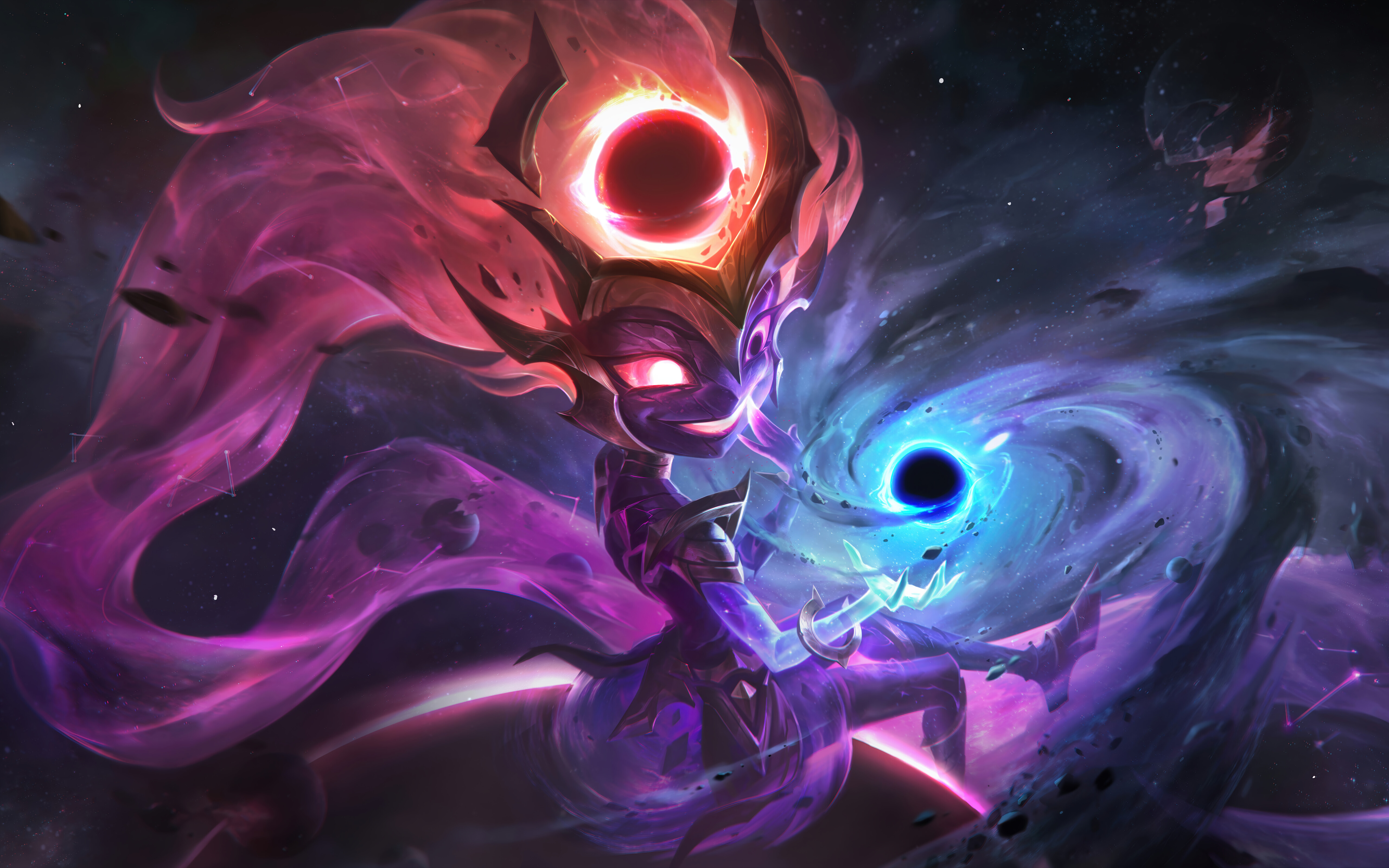 Zoe from League of Legends casting a powerful black hole spell in a cosmic setting.