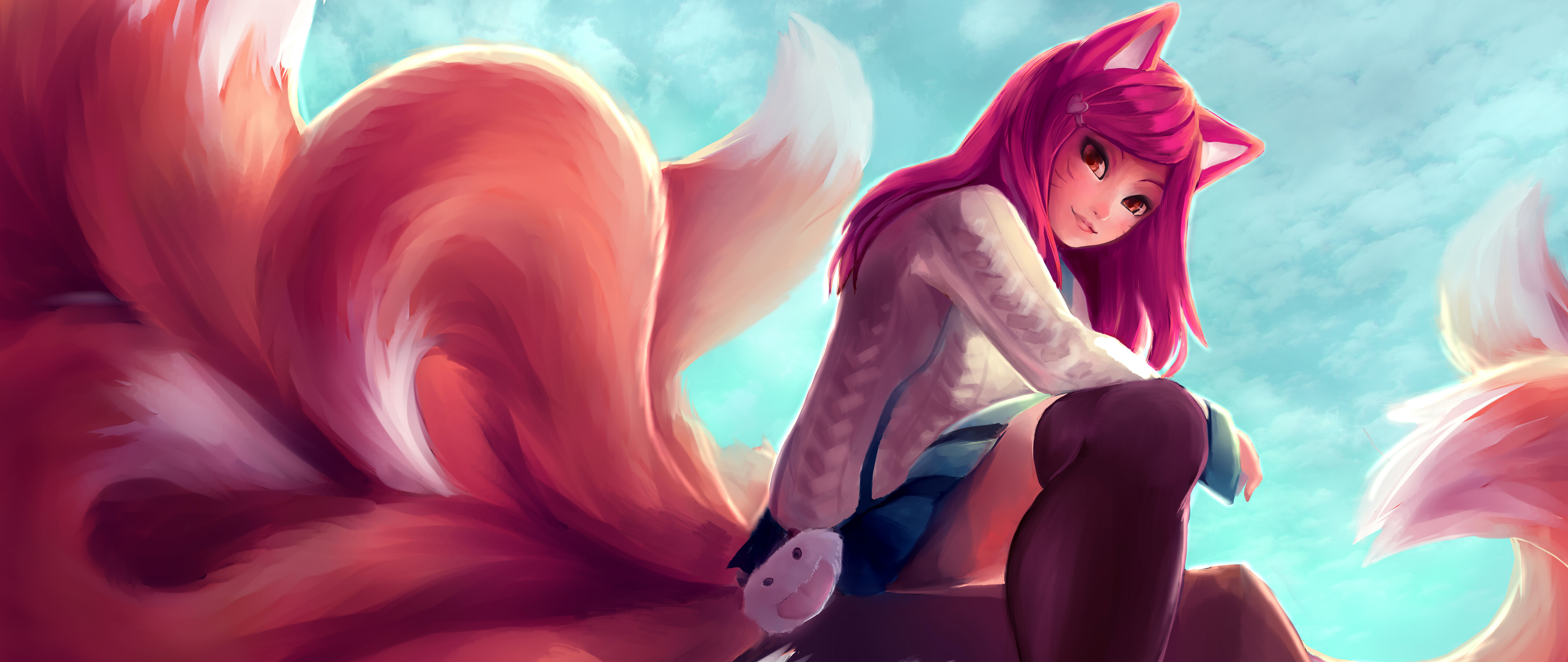 Ahri from League of Legends featuring fox ears, tails, a skirt, and thigh-high stockings.
