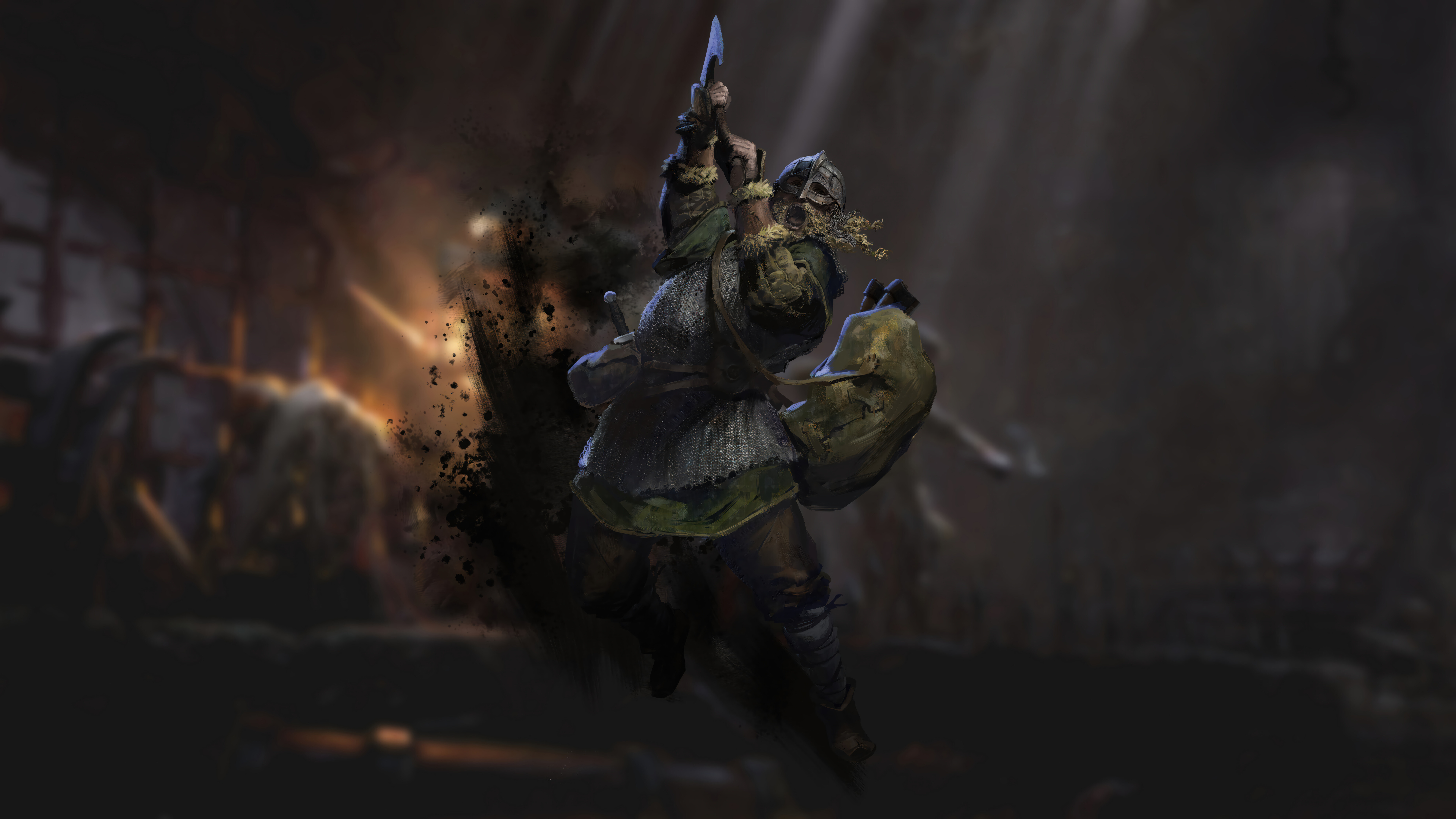 A fierce Barbarian character from the video game Dark and Darker, wearing heavy, weathered armor and prepared for combat in a dark, atmospheric dungeon setting.